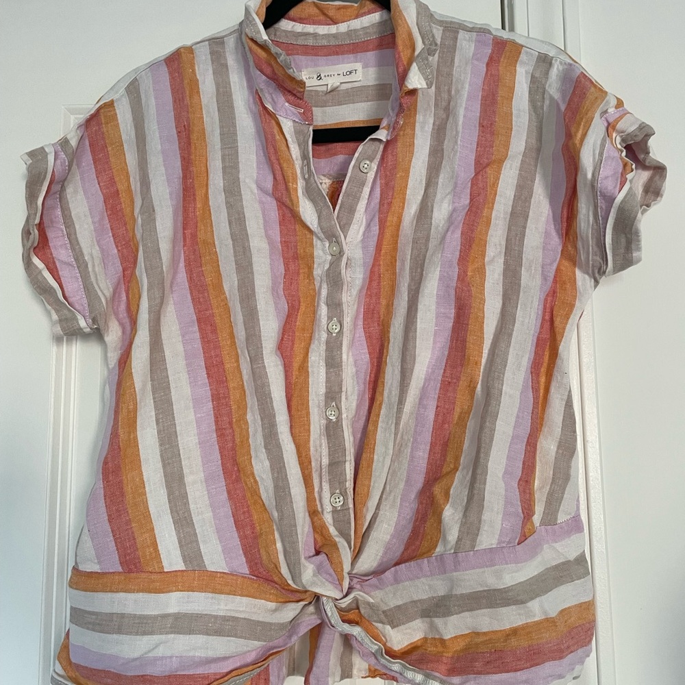 Lou & Grey for Loft Short Sleeved Striped Multi Color Button Shirt
